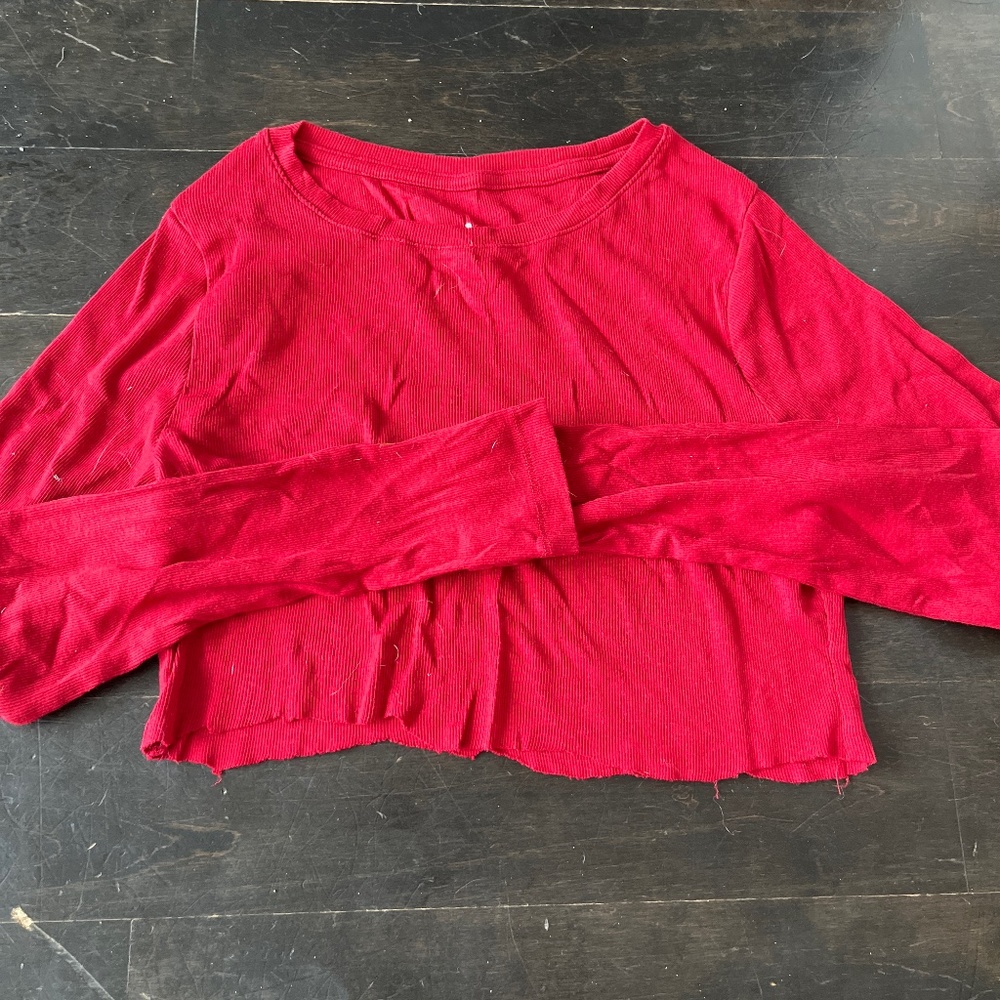 Long Sleeve Red Distressed Crop Tee